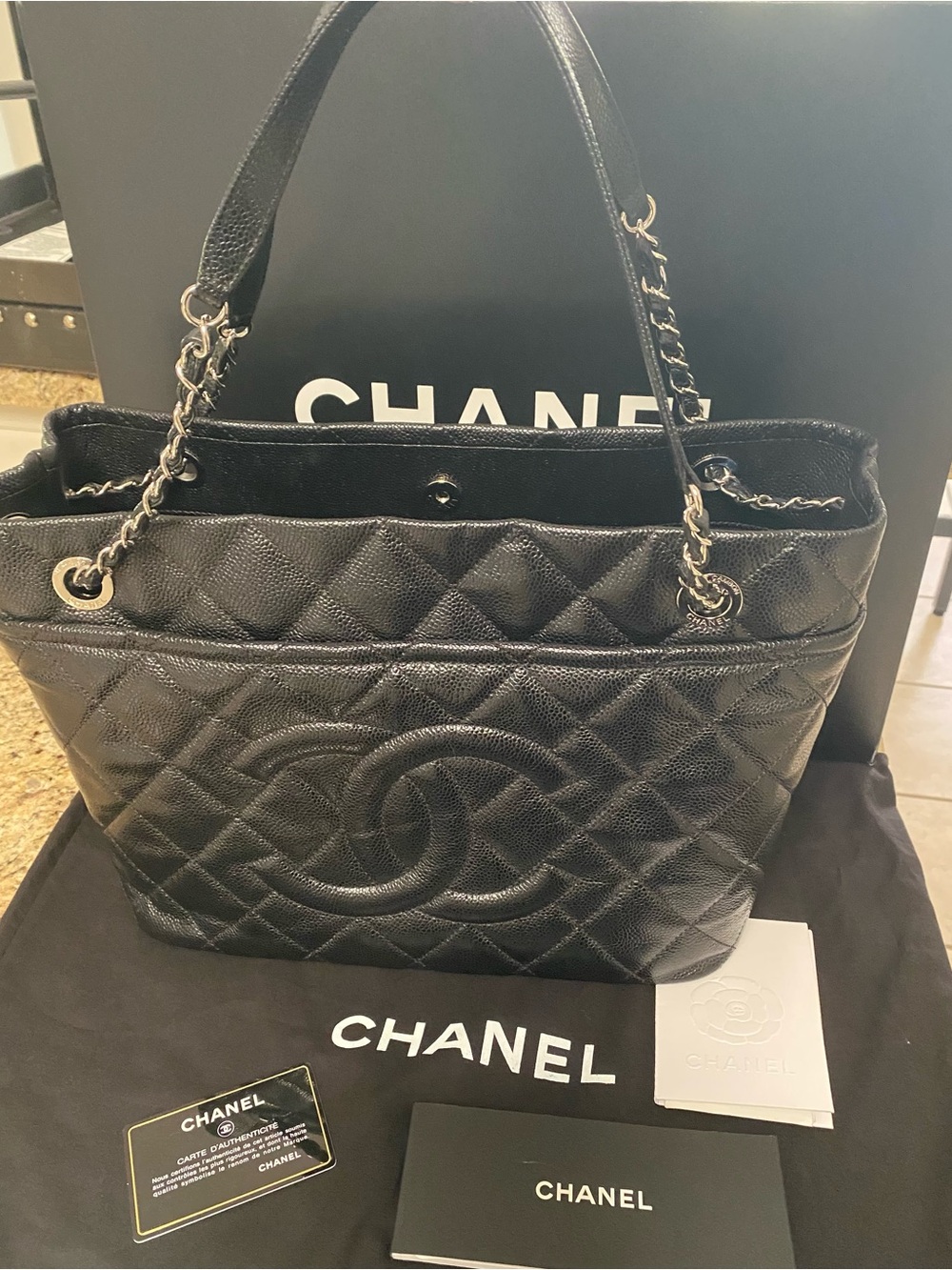 CHANEL Black Quilted Caviar Leather Tote with Chain-Strap Handles